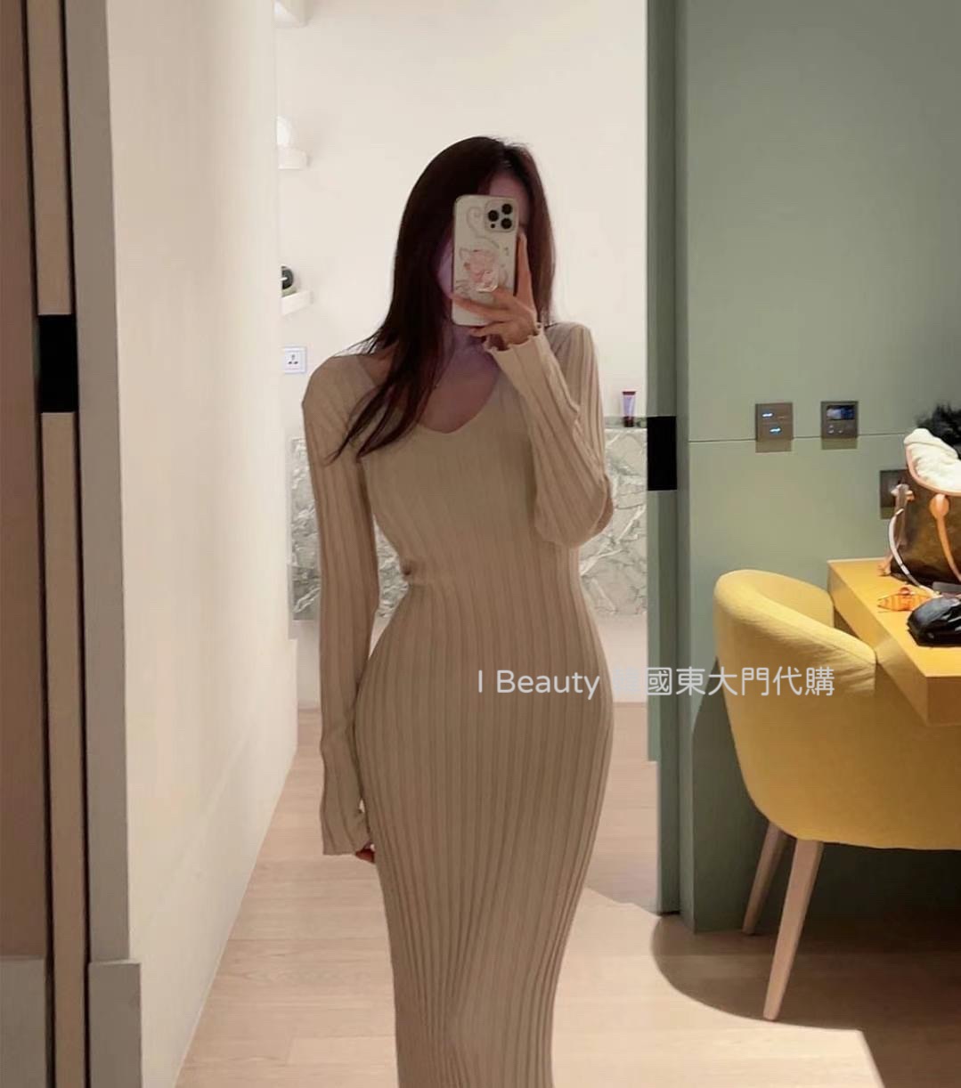 性感曲線 坑條紋 長袖連身長裙