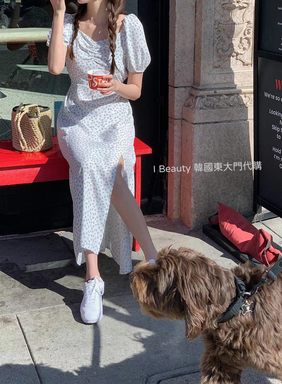 鄰家女孩 小碎花 開叉 長洋裝