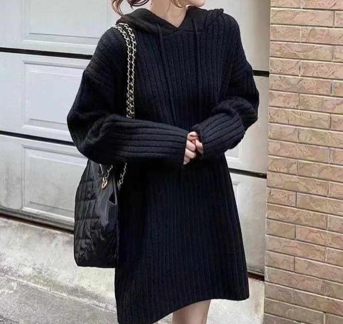 8折優惠-直坑條連帽洋裝