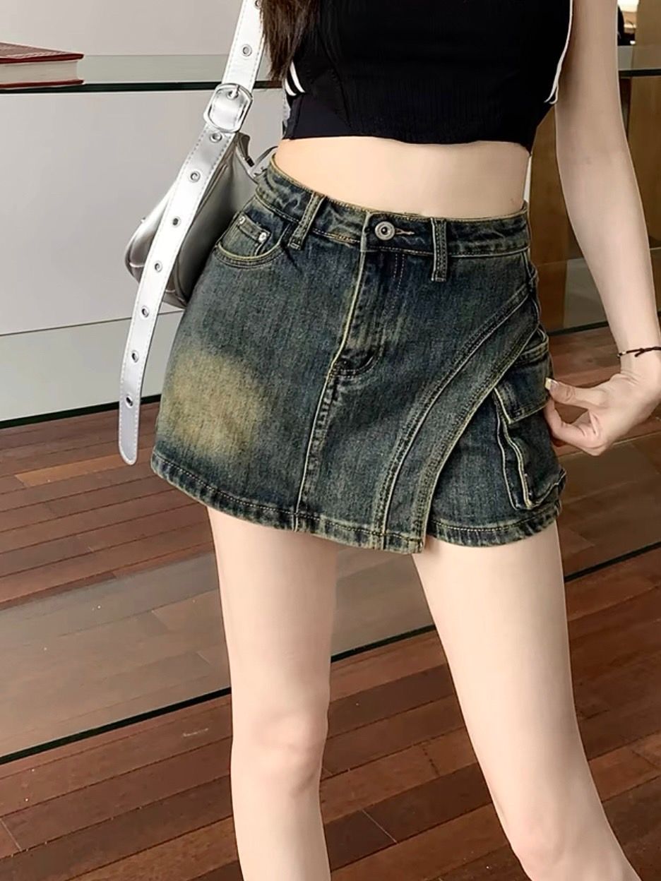 闆娘心頭肉 超爆顯瘦！獨特復古刷色高腰彈力A字牛仔褲裙（正面裙 背面褲 不怕走光）中國製