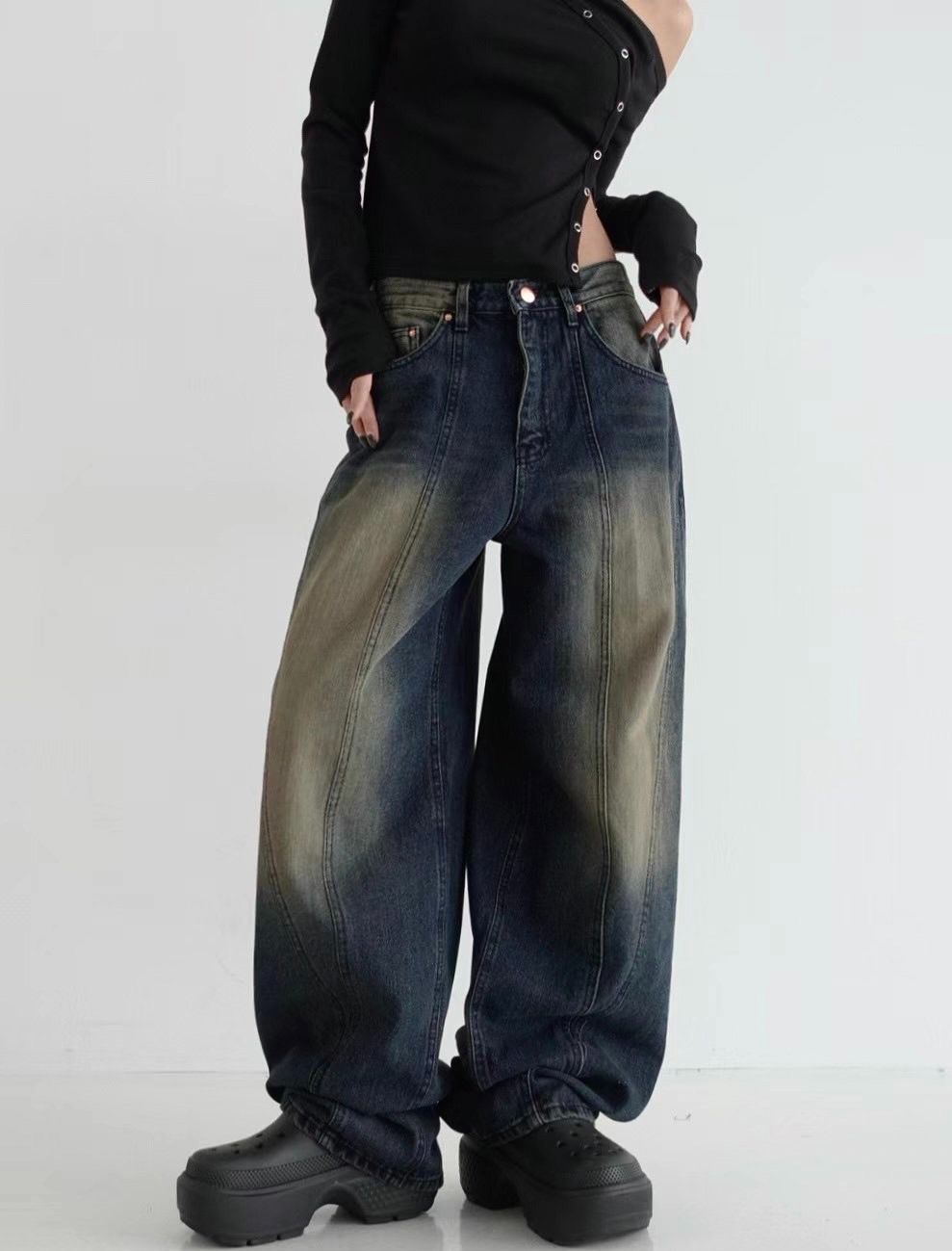 Made in Korea🇰🇷視覺拉長比例直線條復古刷色高腰牛仔褲