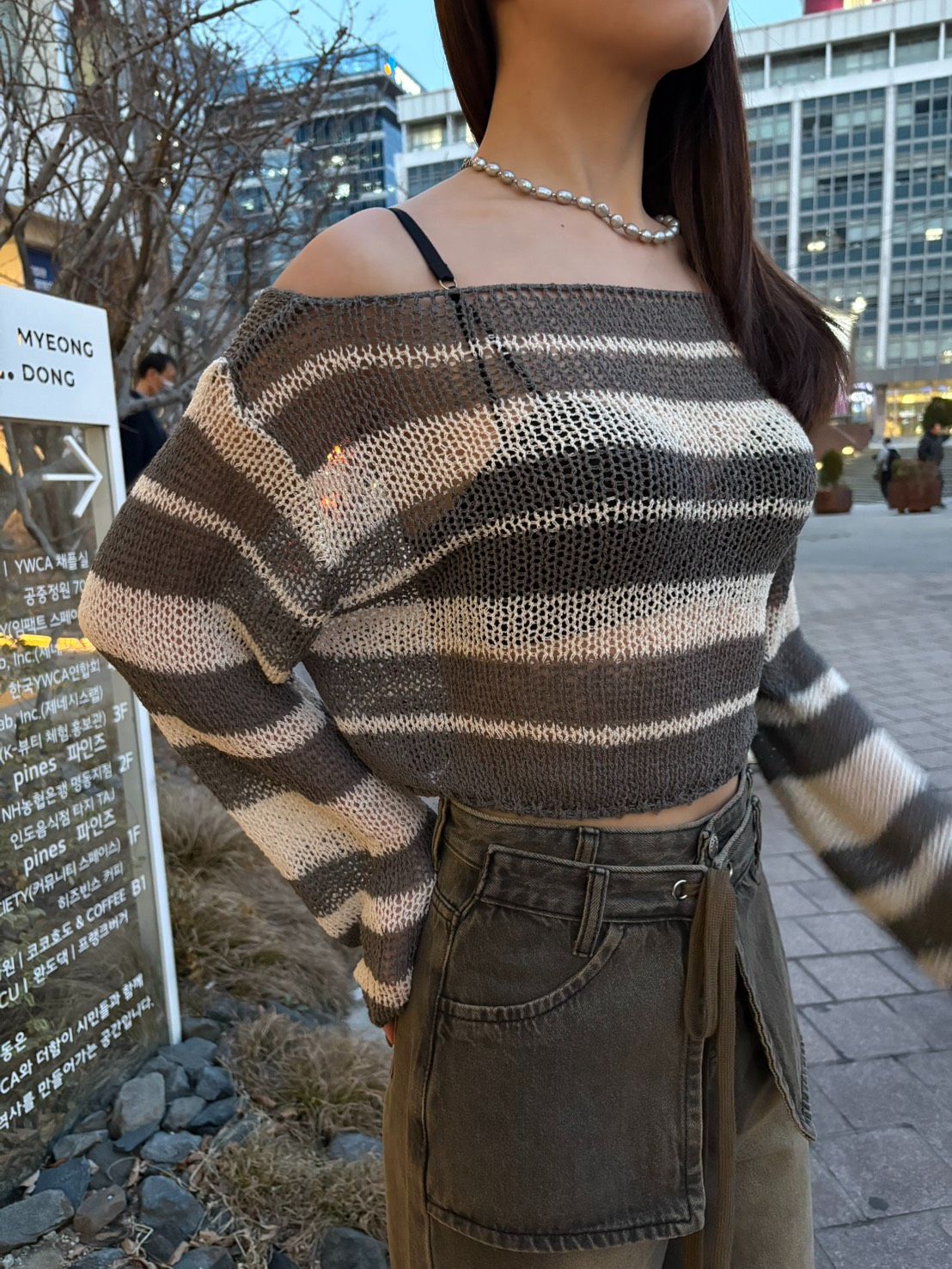 A01 Made in Korea🇰🇷無拘束鬆弛感透透條紋後綁帶針織🧶