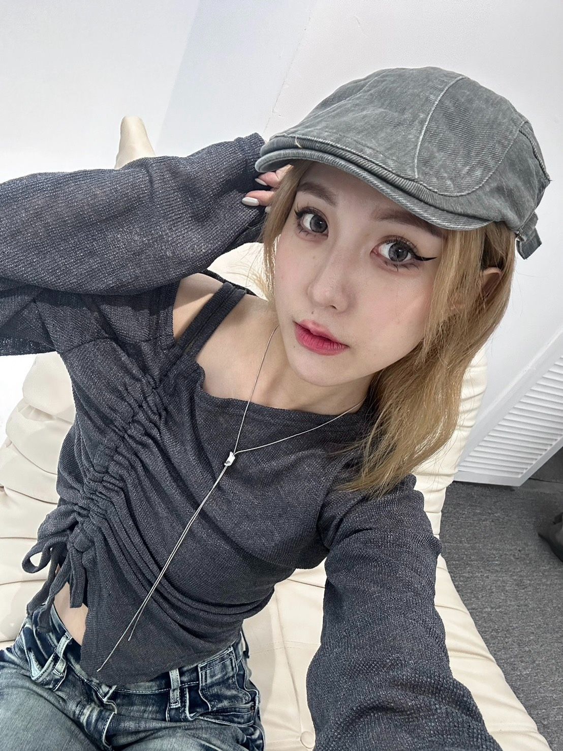 Made in Korea🇰🇷仙氣霧藍灰側抓皺綁帶斜肩Mist Blue Drawstring Top