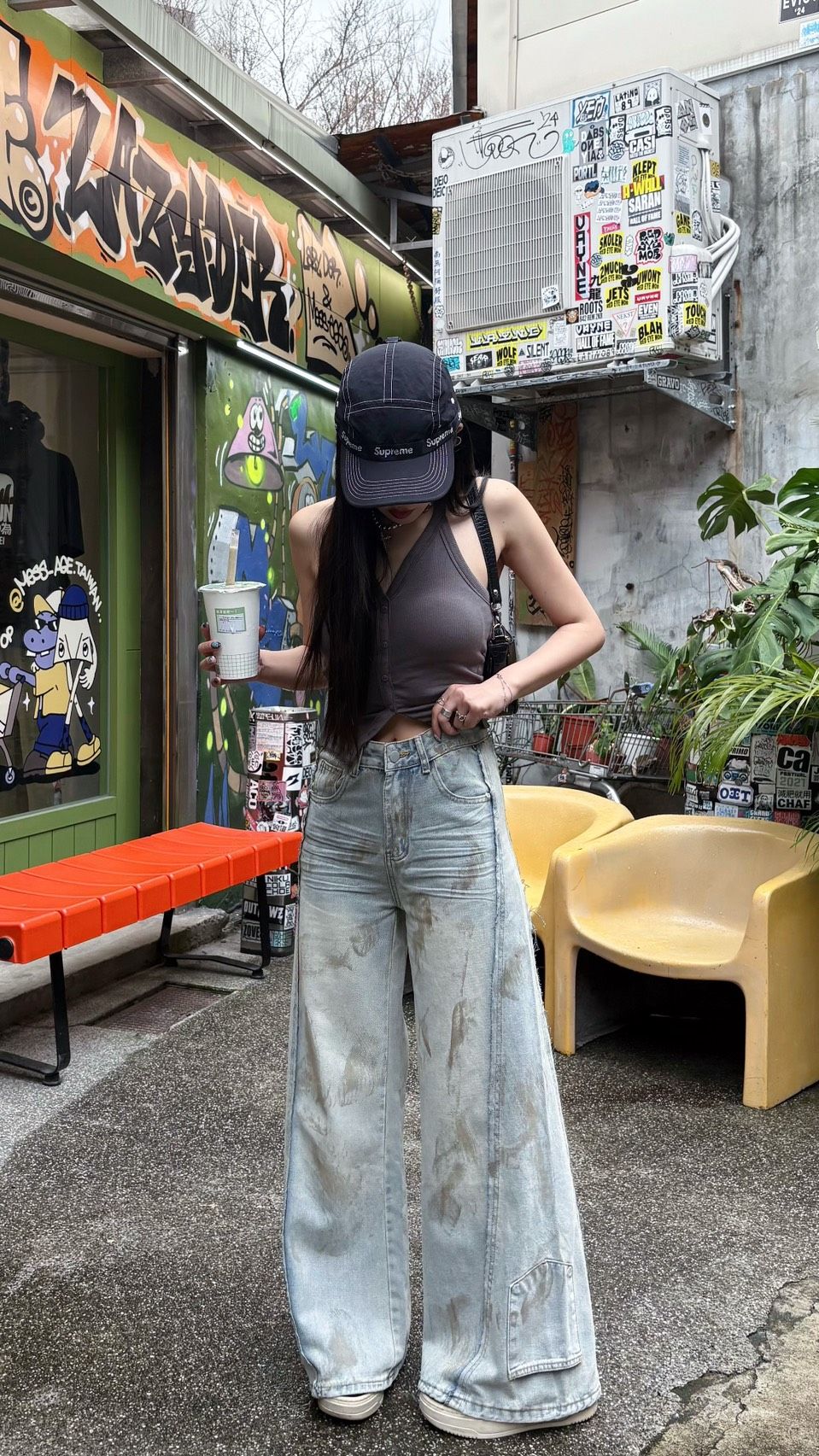 闆娘自留！梨型女孩必收🤎Dirty Chic復古髒髒潑漆高腰牛仔喇叭褲