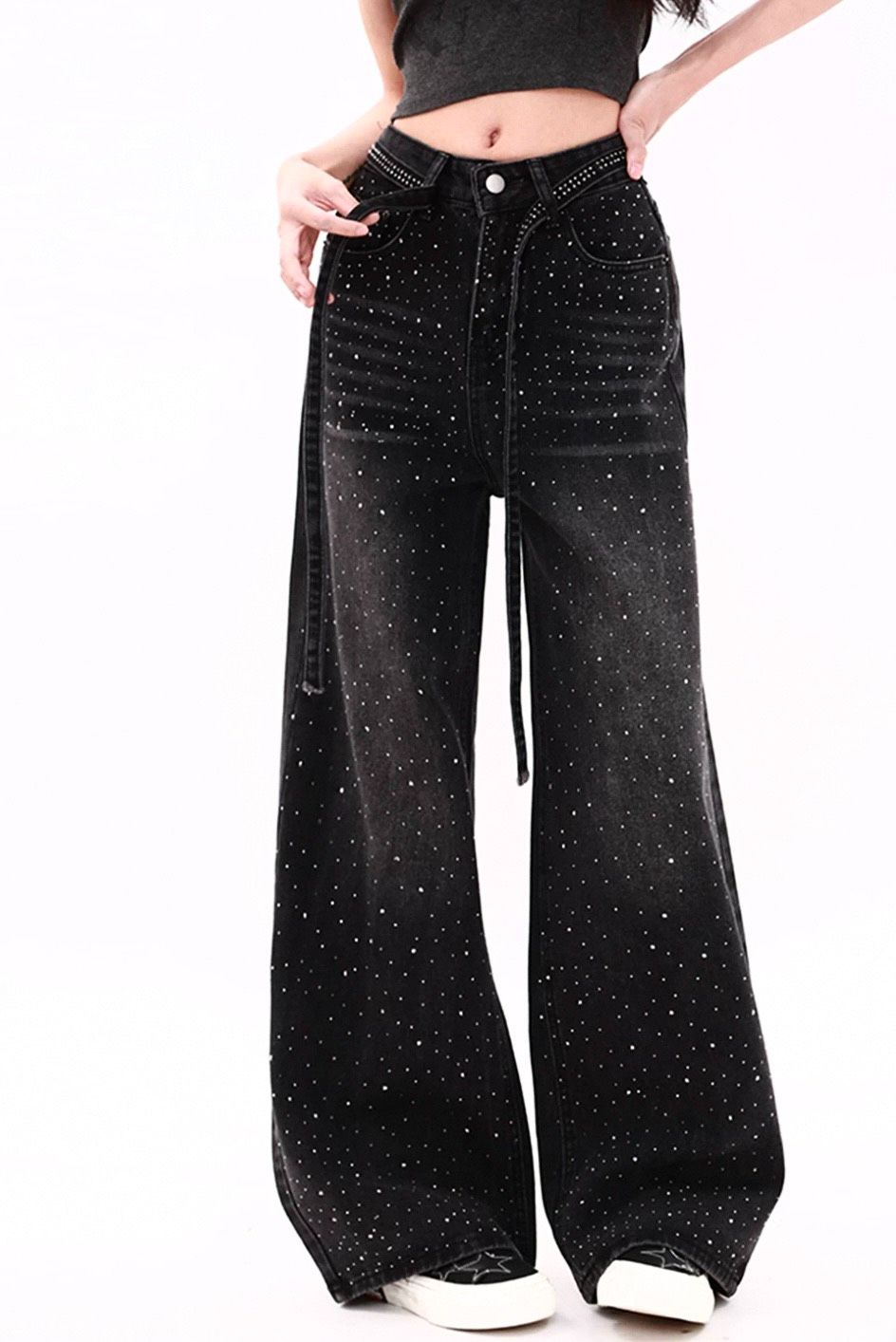 回頭率超高！閃閃惹人愛✨閃鑽高腰牛仔寬褲