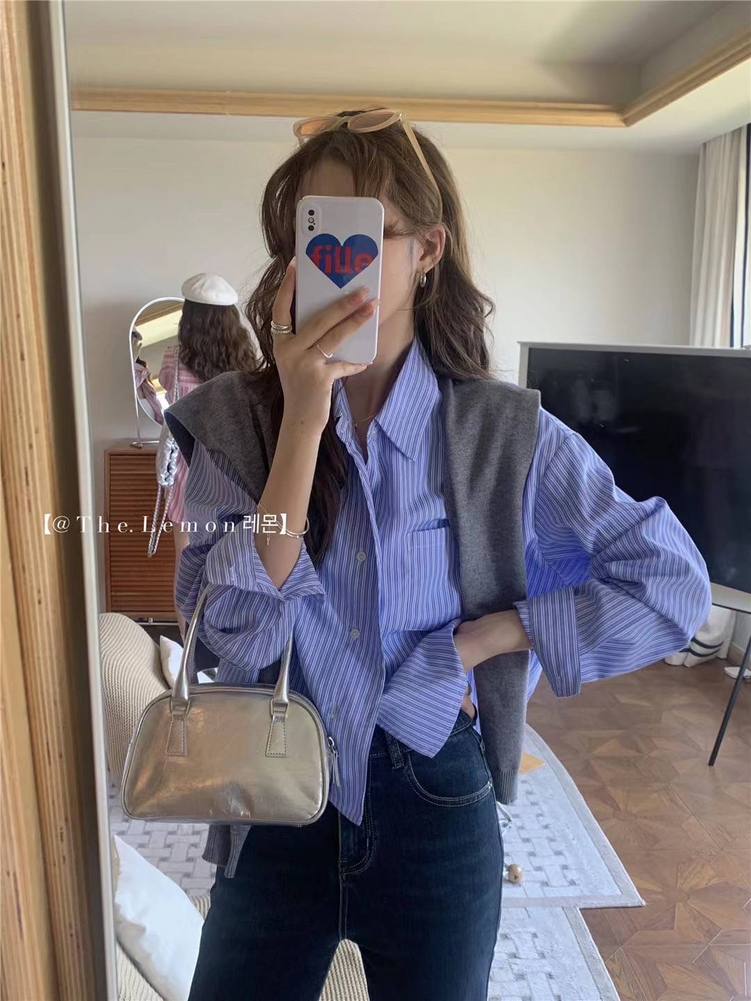 披肩直紋短版襯衫