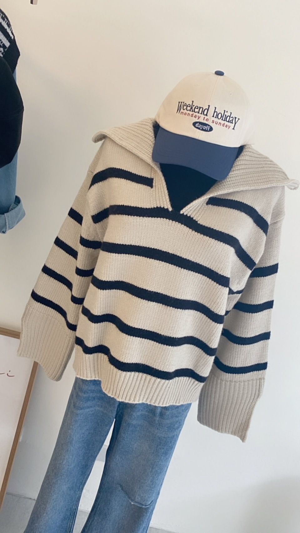 翻領針織條紋毛衣