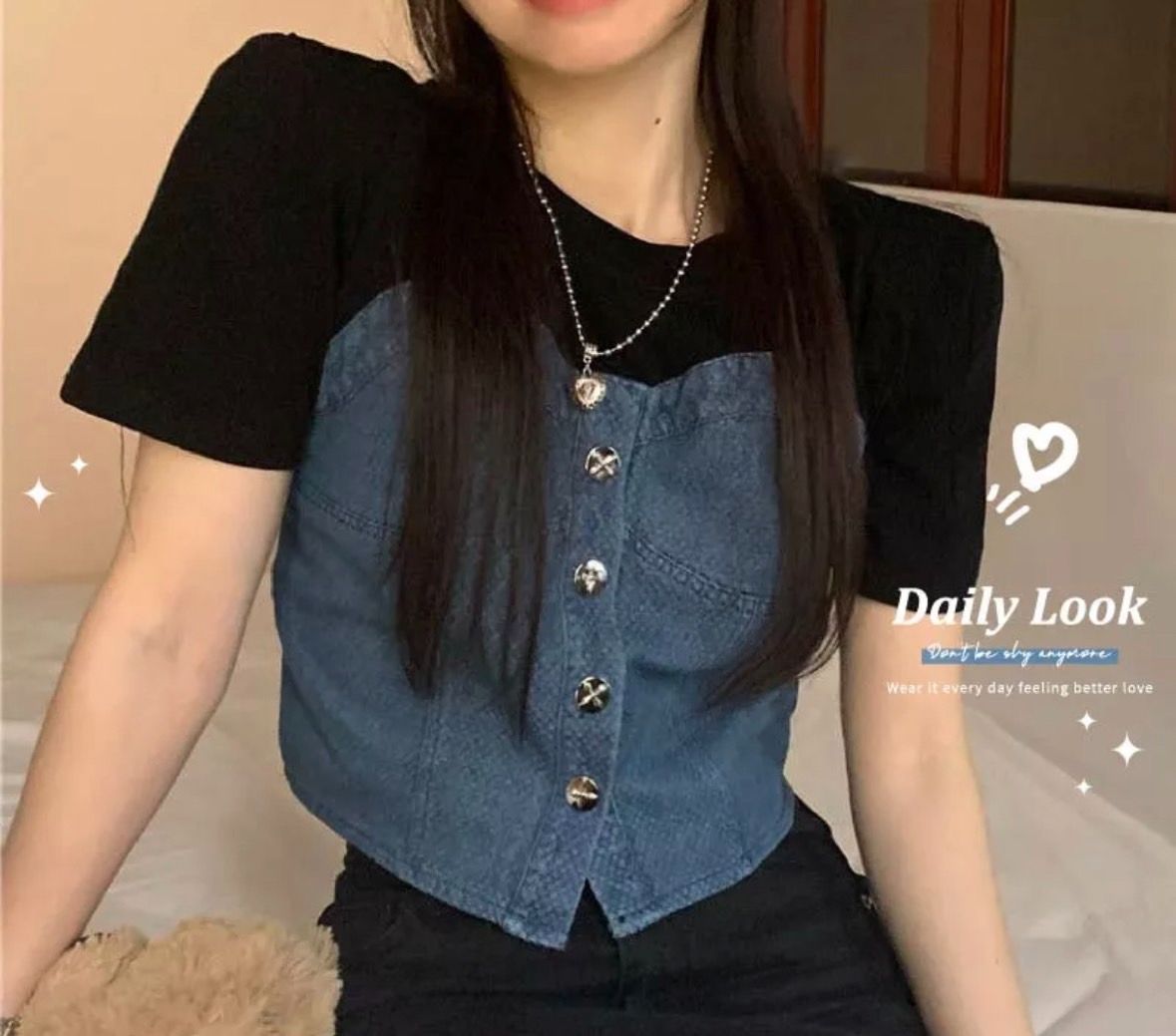 限量設計感簡約牛仔拼接假兩件短T