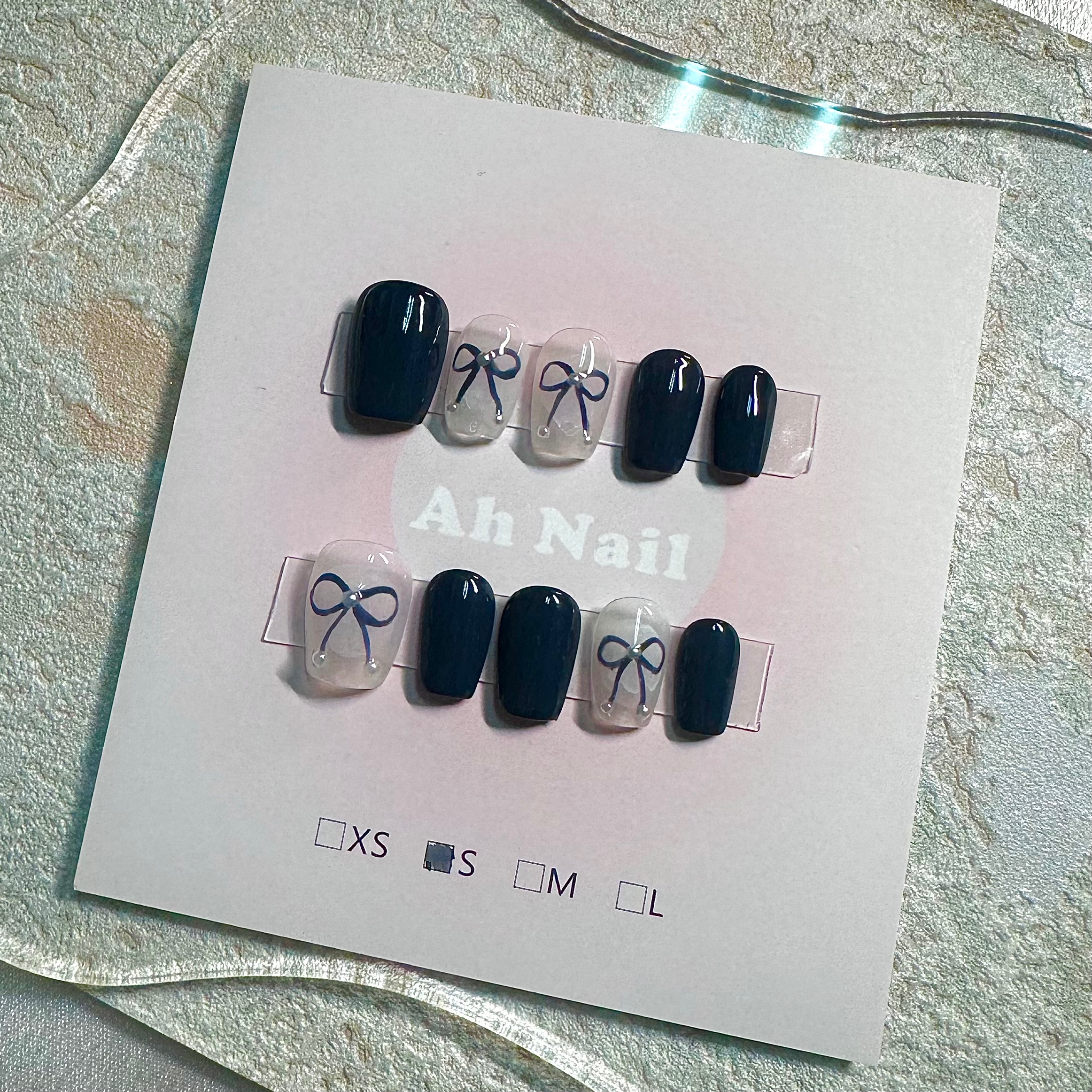 現貨 S 深藍蝴蝶結韓系美甲