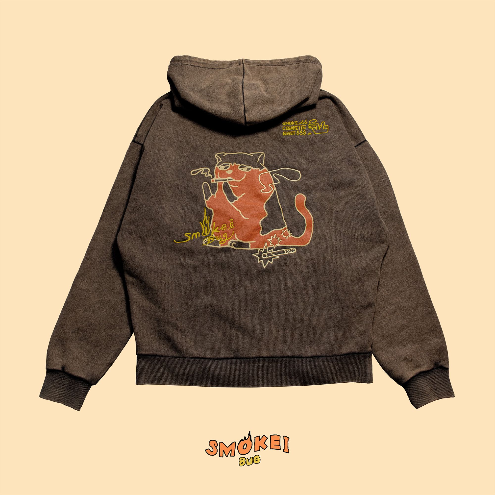 【滿千免運】貓的經典 深咖水洗刺繡帽T