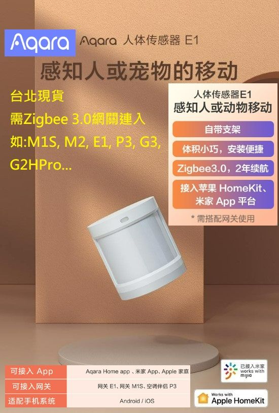 【台北現貨 當日出貨】新款Aqara人體傳感器 E1 ZB3.0 光照度感應燈控傳感器 智能探測 免安裝  內附範例