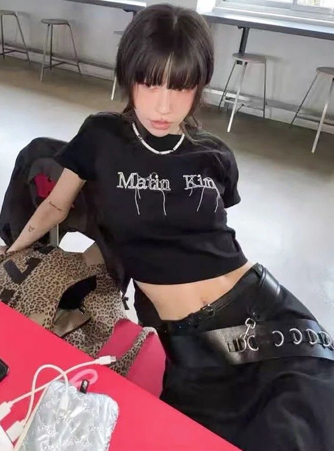 MATIN KIM LOGO THREAD POINT CROP TOP IN BLACK