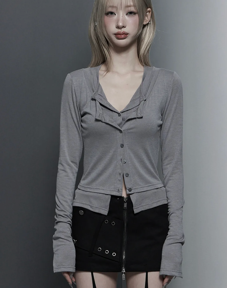 erte U-Neck Double Button layered Cardigan （Gray）