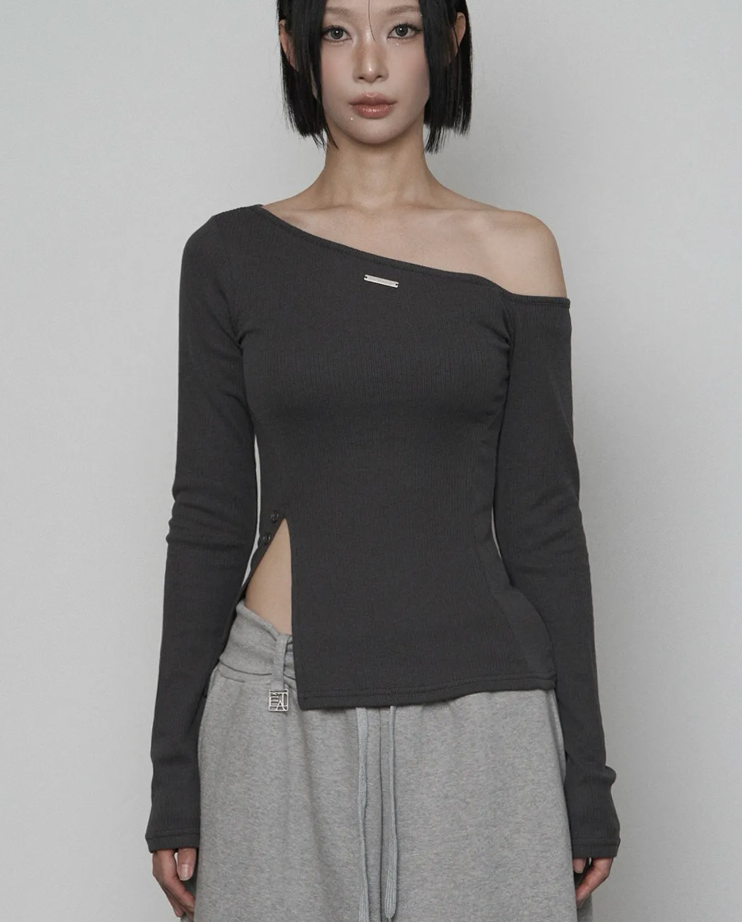 erte One-shoulder Basic Slit Long Sleeve （CHARCOAL）