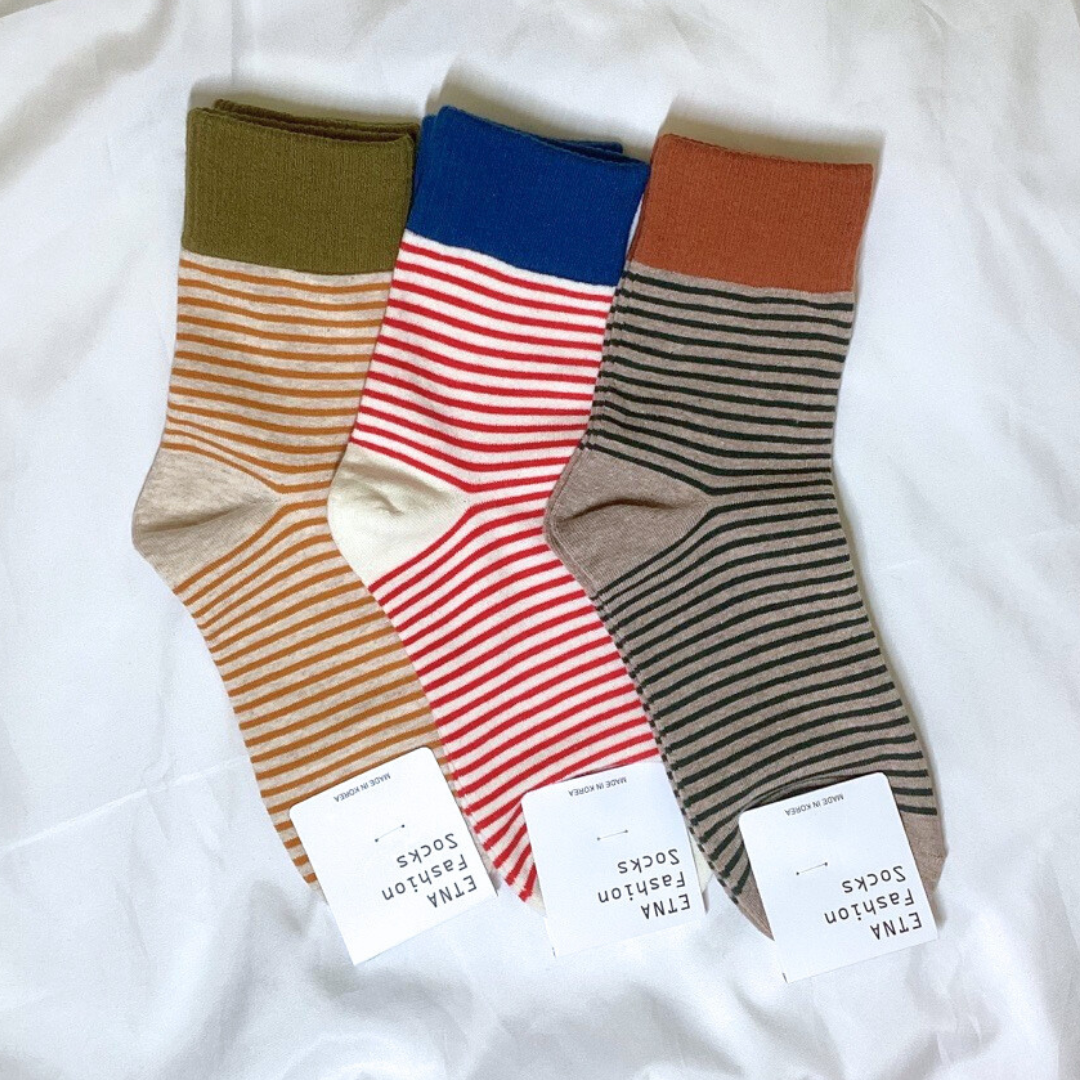 拼色條紋中筒襪