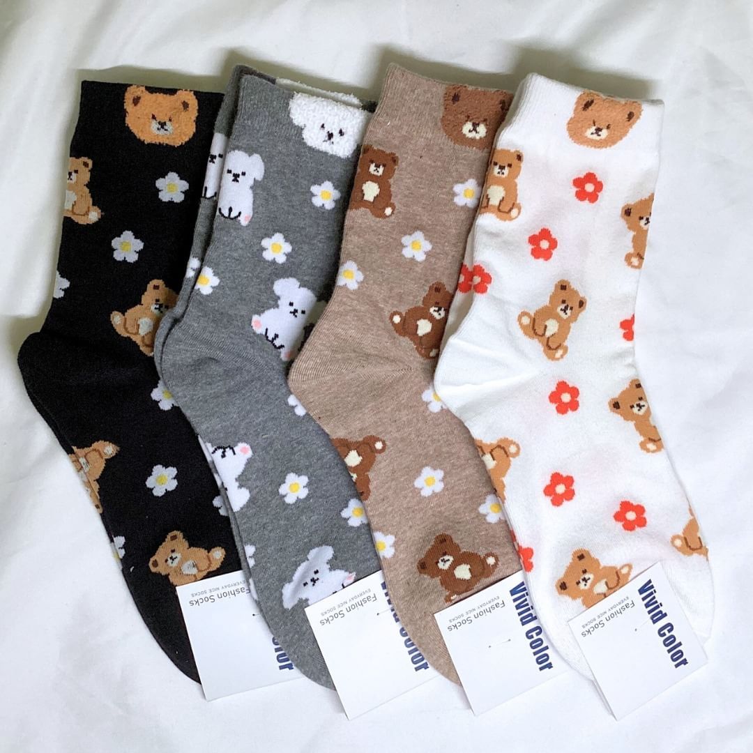 滿版小花動物中筒襪
