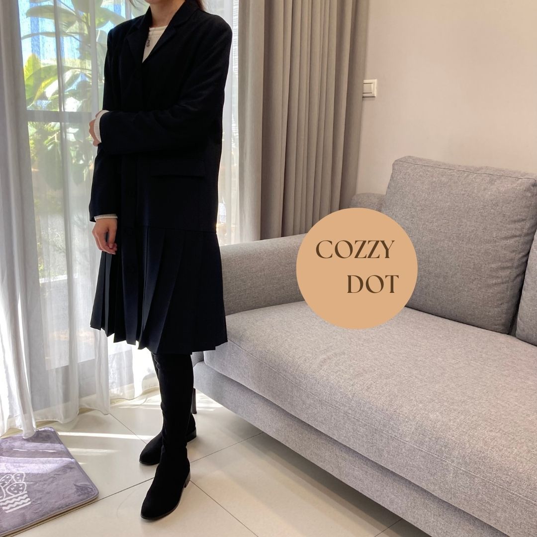 cozzy.dot｜正韓 OL西裝料包釦百褶長外套/連身裙-黑｜cozy vibes