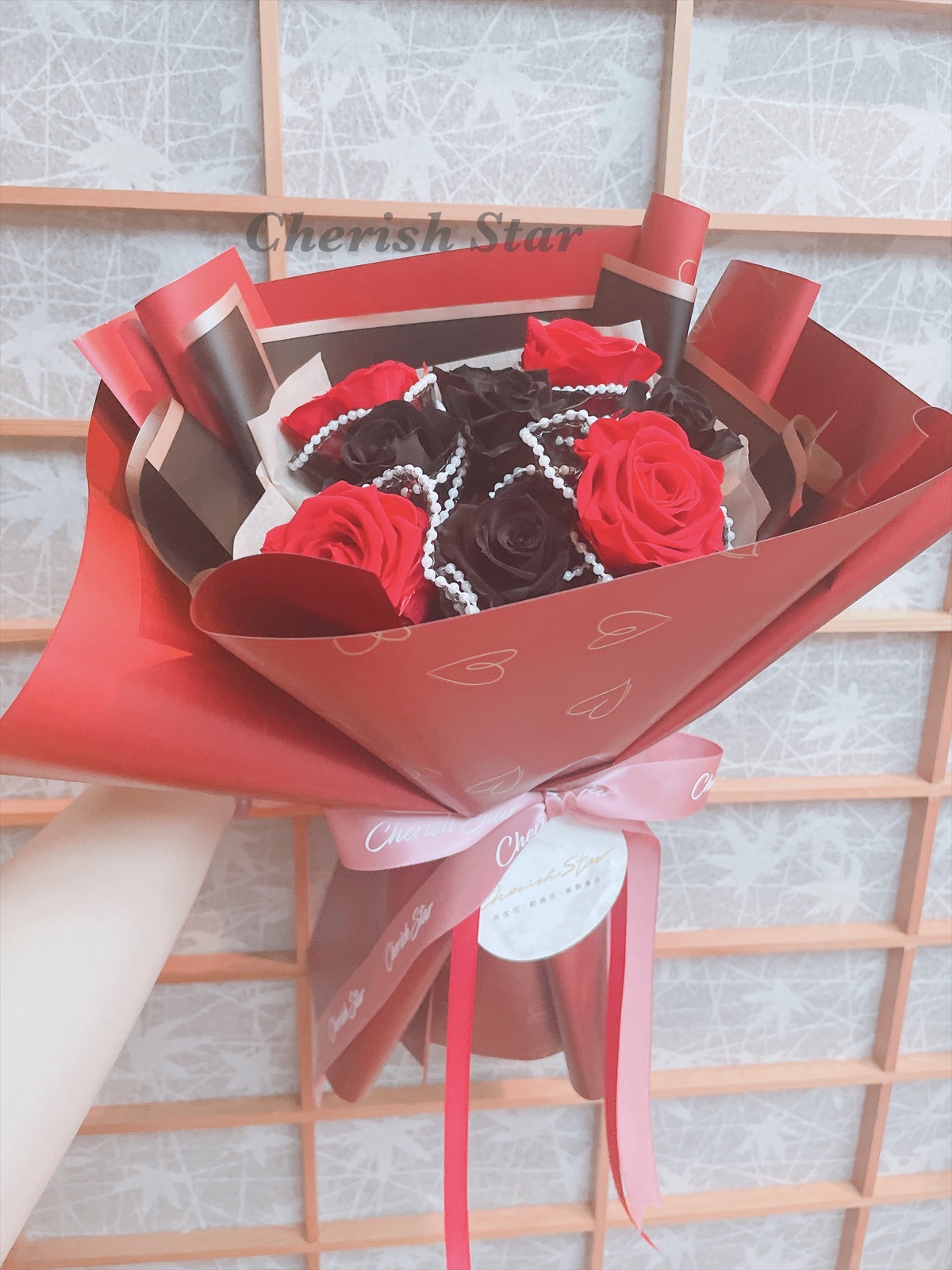 紅黑色系9朵永生玫瑰花束/有贈品