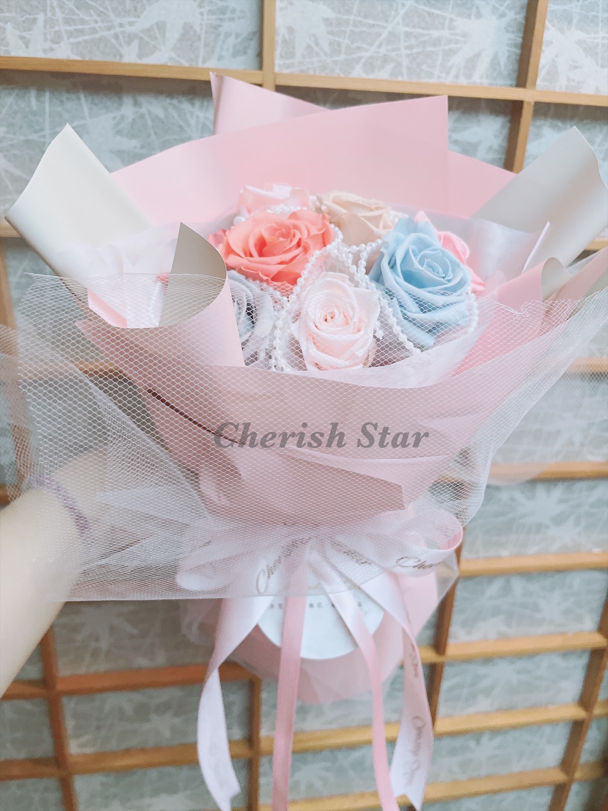 馬卡龍風格9朵永生玫瑰花束/有贈品