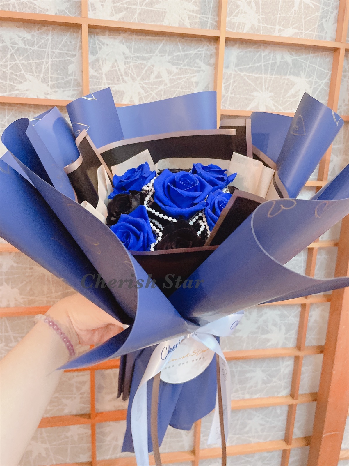 暗黑色系藍黑風格9朵永生玫瑰花束/有贈品