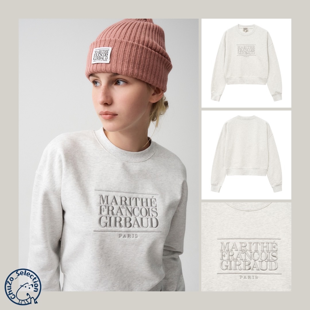 Marithe女款短版刺繡標大學T