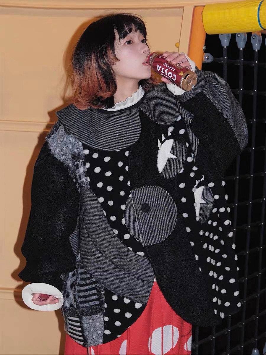 Meugler 奇幻馬戲團 小丑拼接毛呢外套 不對稱廓形黑色大衣