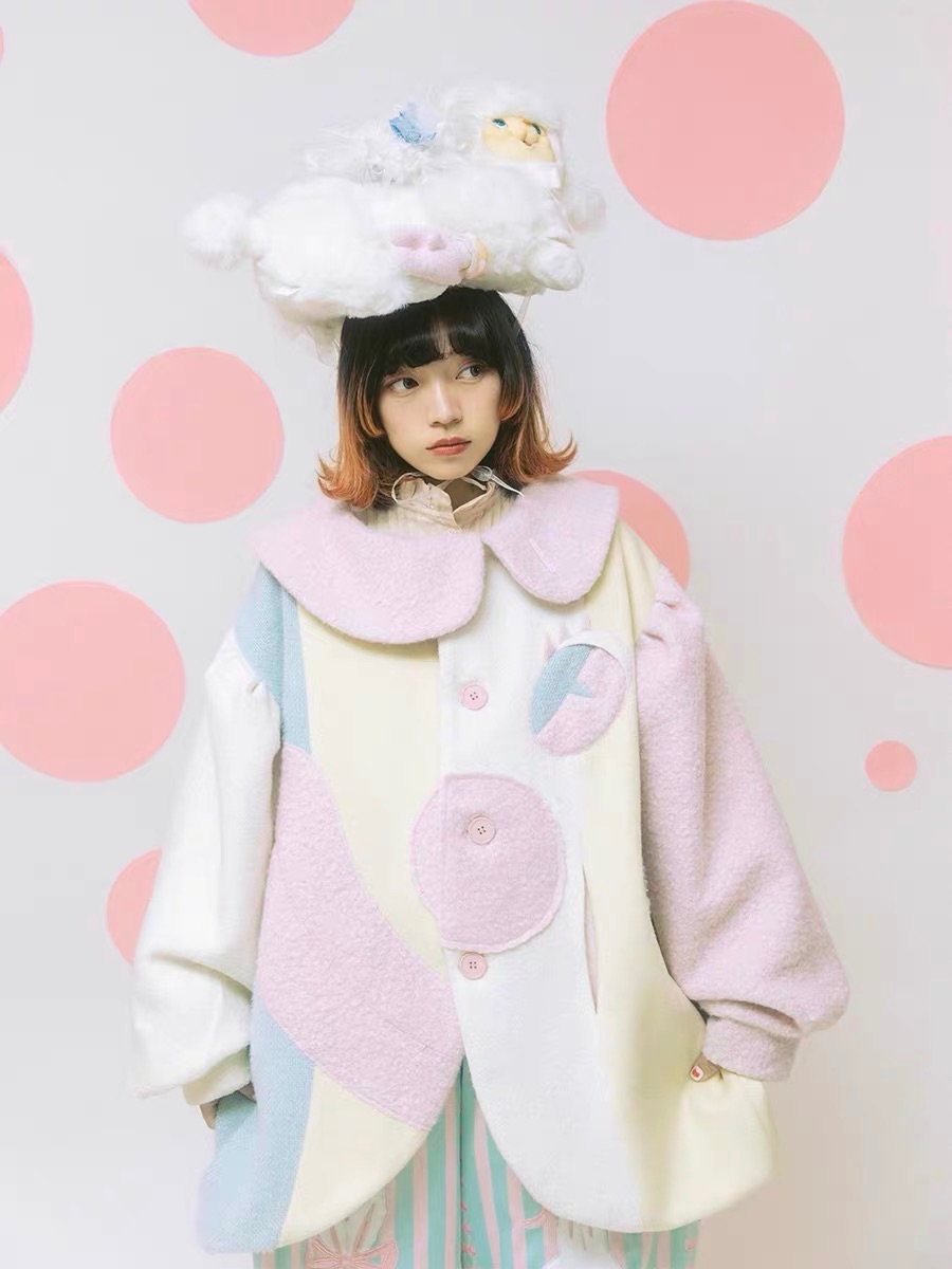 Meugler 奇幻馬戲團 小丑拼接毛呢外套 不對稱廓形粉色大衣