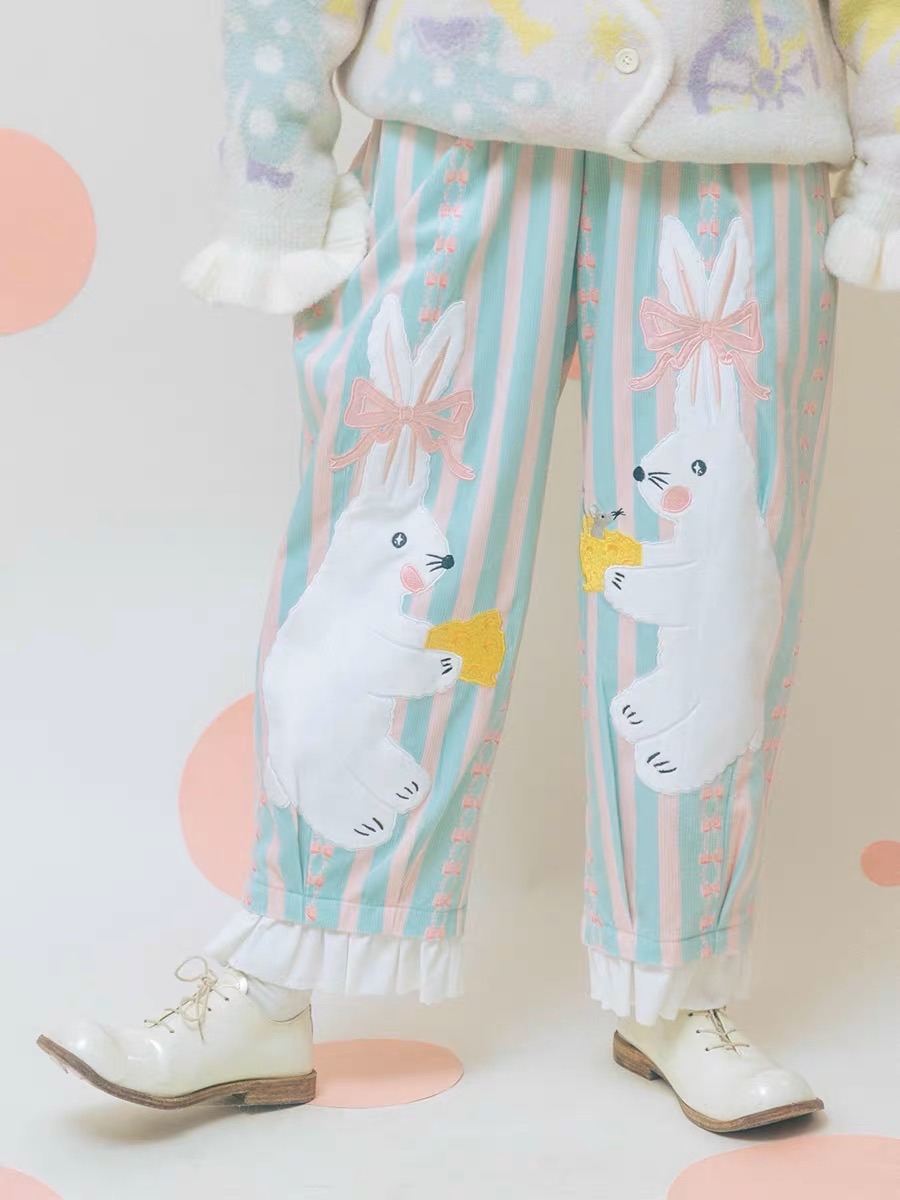 Meugler 奇幻馬戲團兔子奶酪刺繡蝴蝶結 粉藍花邊闊腿褲