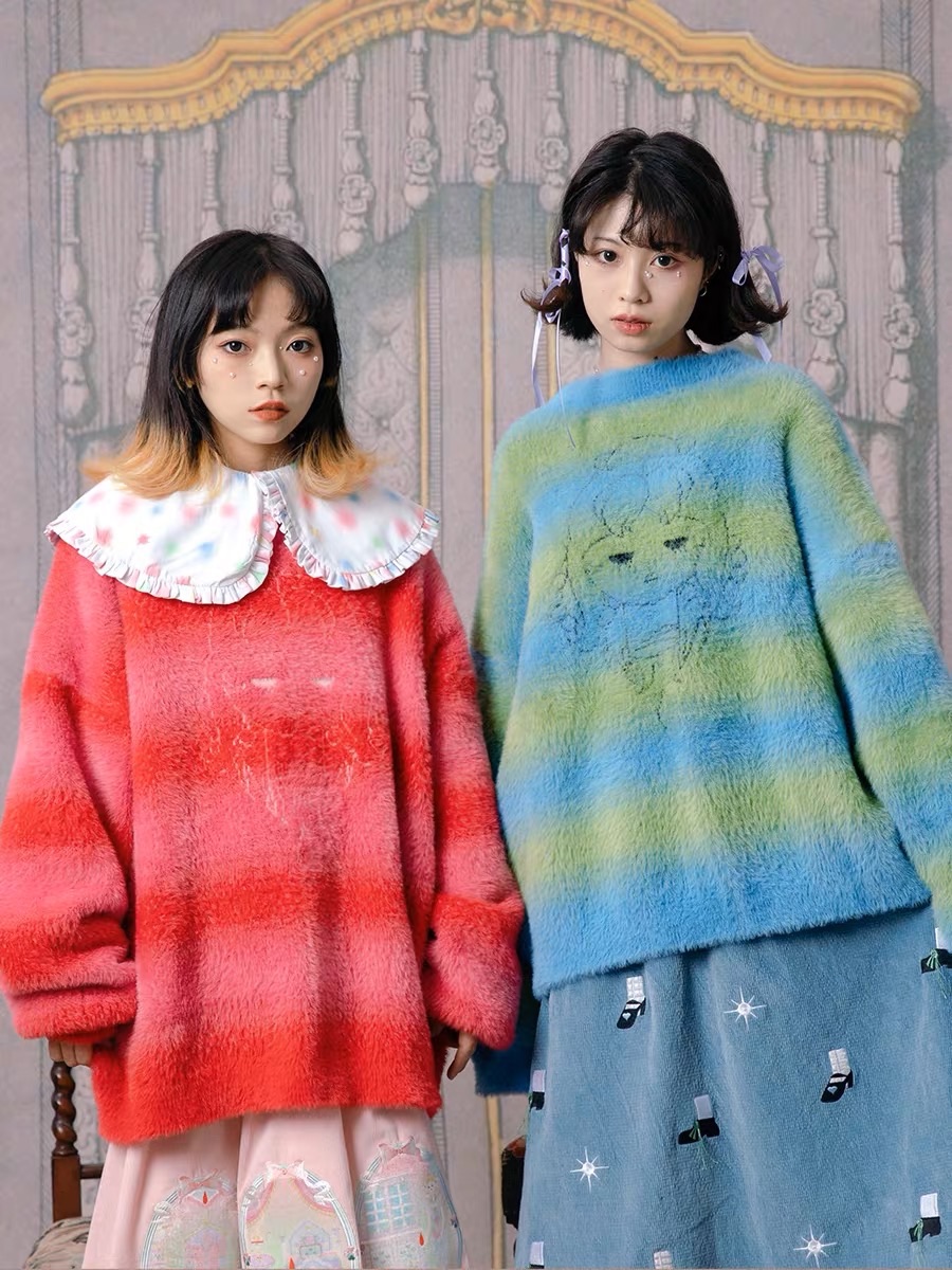 Meugler 水貂絨條紋漸變提花毛衣