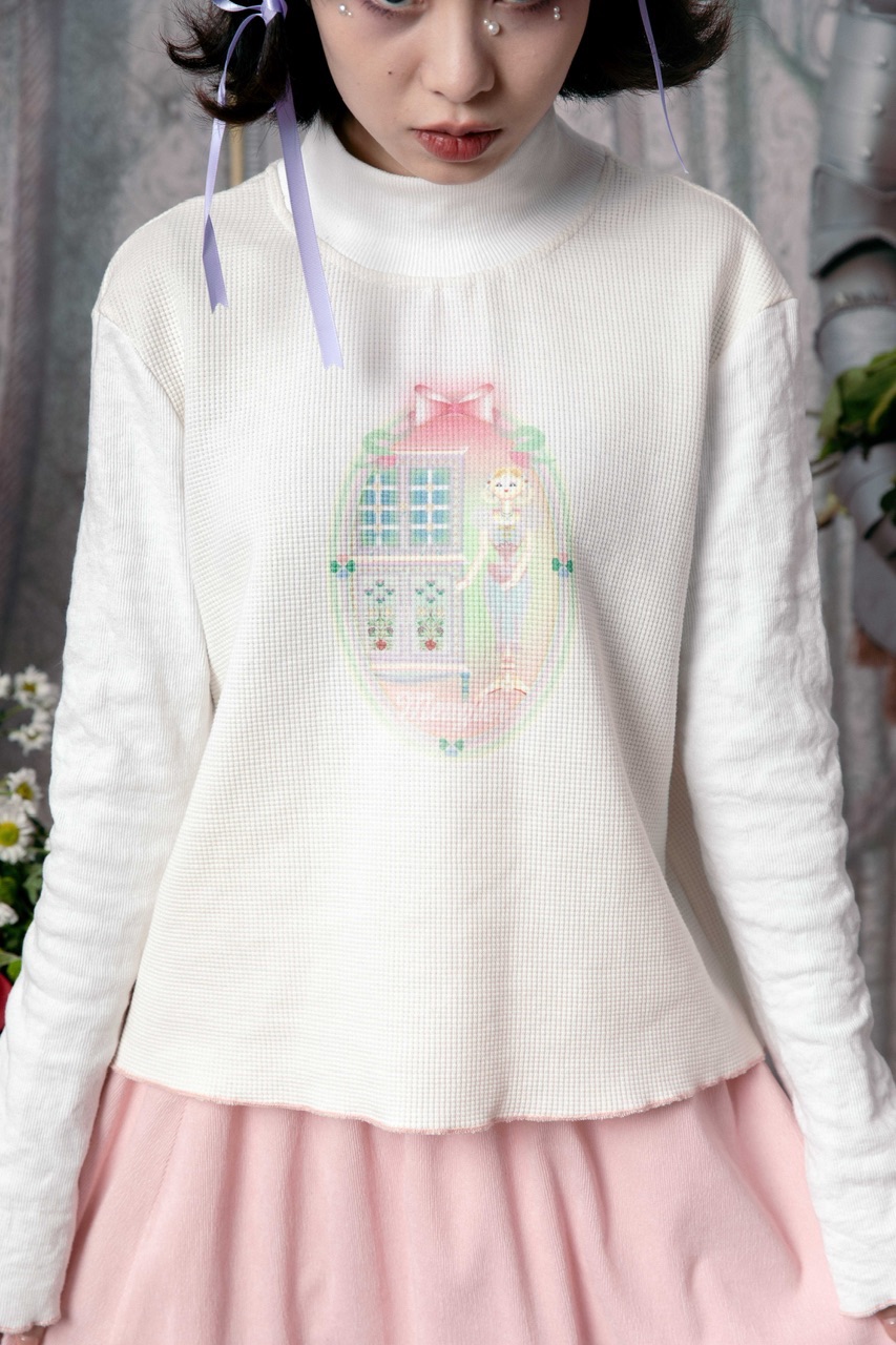 Meugler 華夫格印花/刺繡半高領棉打底衫