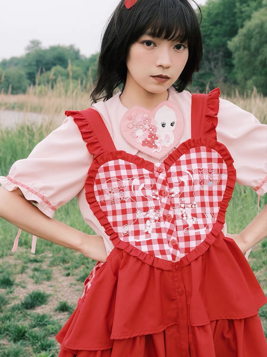 Meugler 兔子桃心抽繩 紅色疊穿甜美背帶裙 紅