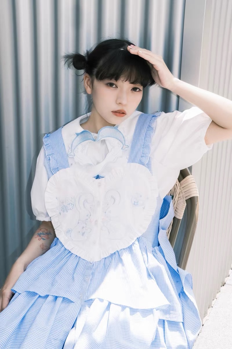 Meugler 兔子桃心抽繩 藍色疊穿甜美背帶裙 藍