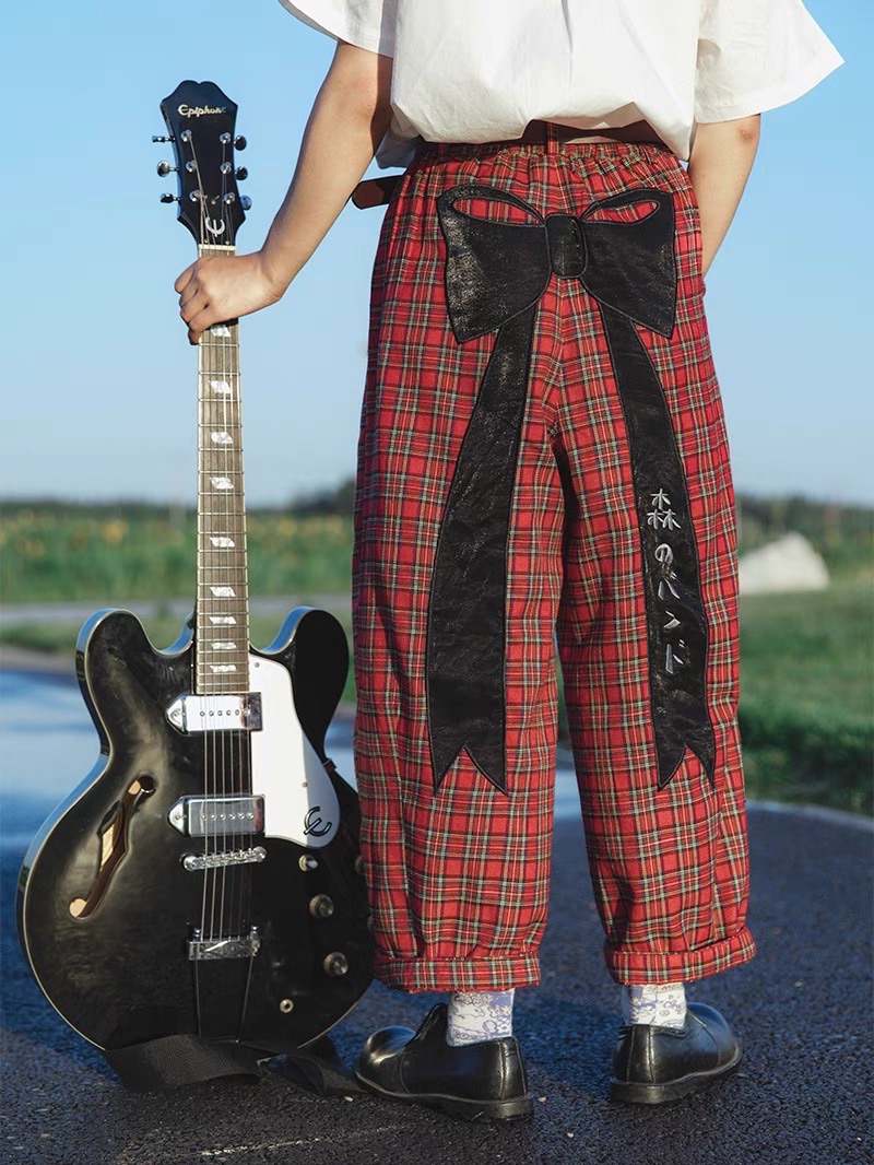 Meugler 蝴蝶結刺繡紅格子朋克闊腿褲