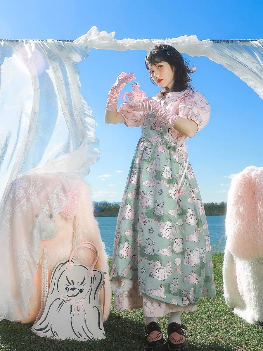 Meugler 小狗草坪立體粉綠色提花廓形背帶連衣裙