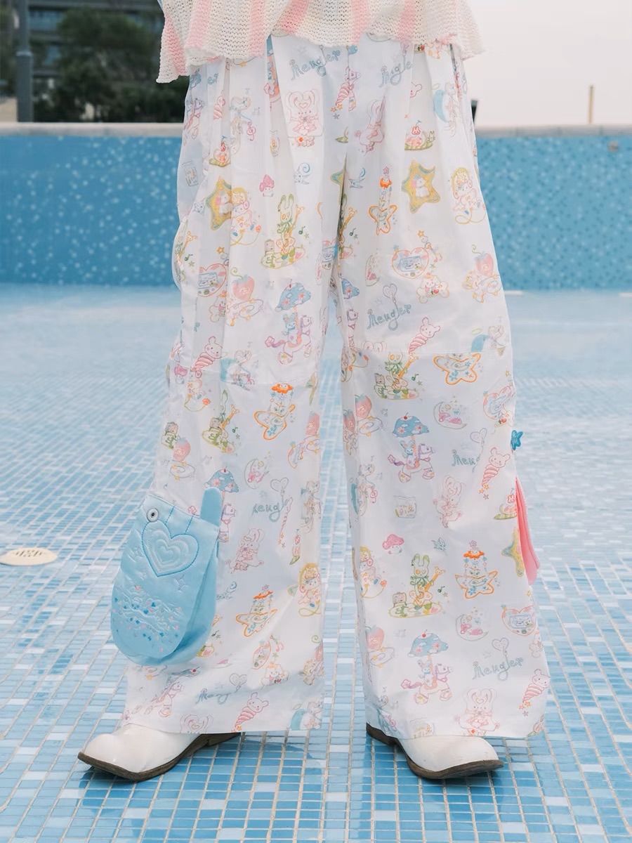 Meugler 刺繡翻蓋手機不對稱口袋y2k闊腿喇叭褲