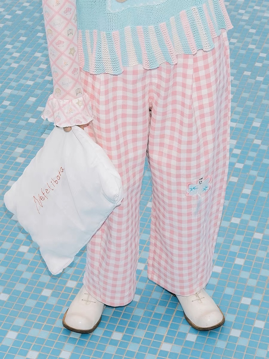 Meugler 粉白格蝴蝶結刺繡闊腿褲