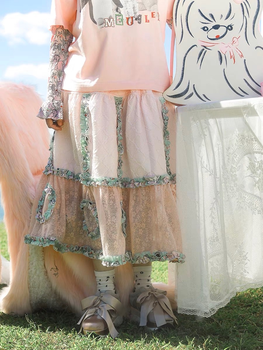 Meugler 復古提花蕾絲拼接花邊裙