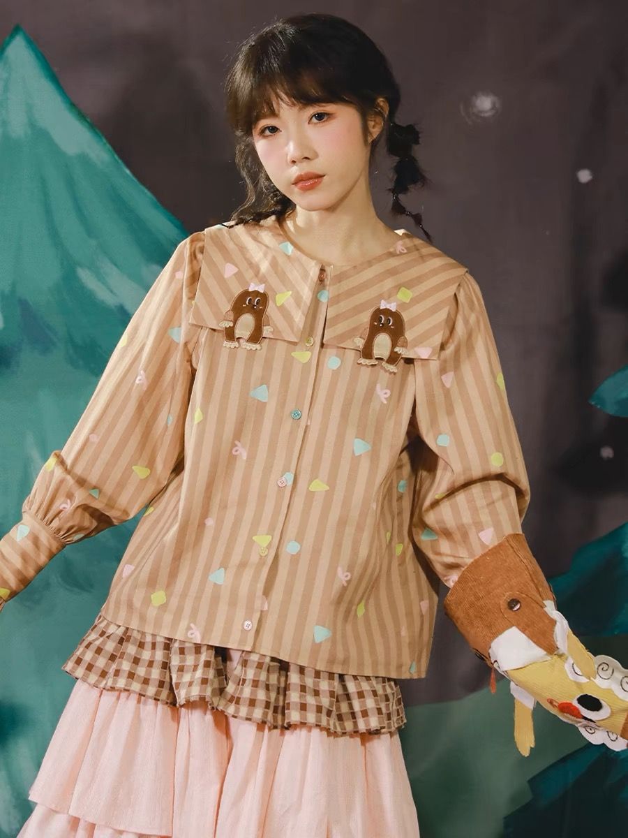 New🫧美拉德棕刺繡精緻鼴鼠領子襯衫