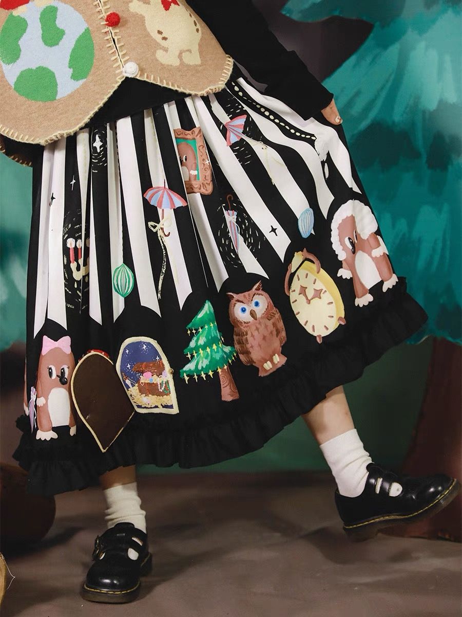 New🫧鼴鼠蘑菇寶箱立體刺繡機關黑白條紋印花半裙