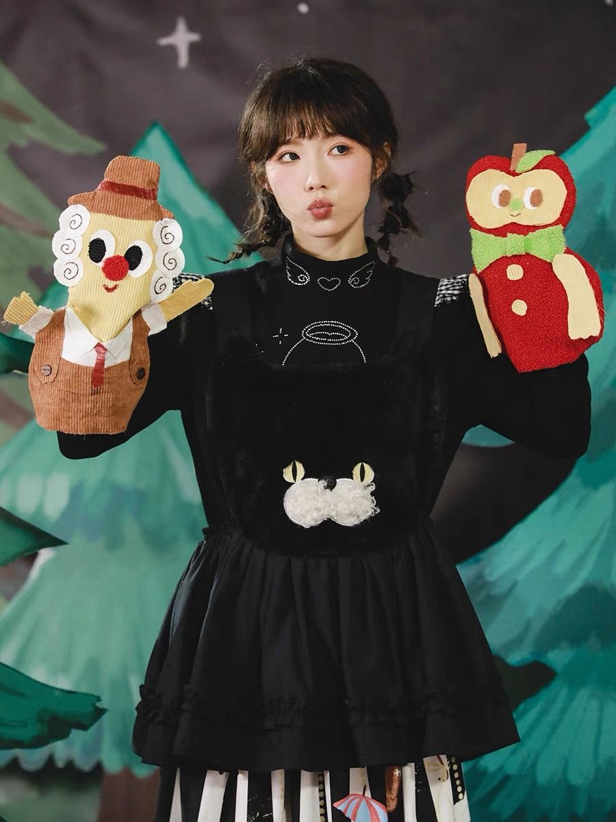 New🫧森林的秘密 軟擼貓感毛絨黑貓刺繡花邊圍裙