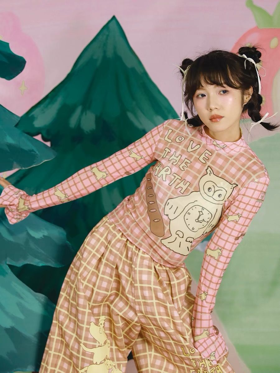 New🫧貓頭鷹印花超彈荷葉邊網紗高領內搭