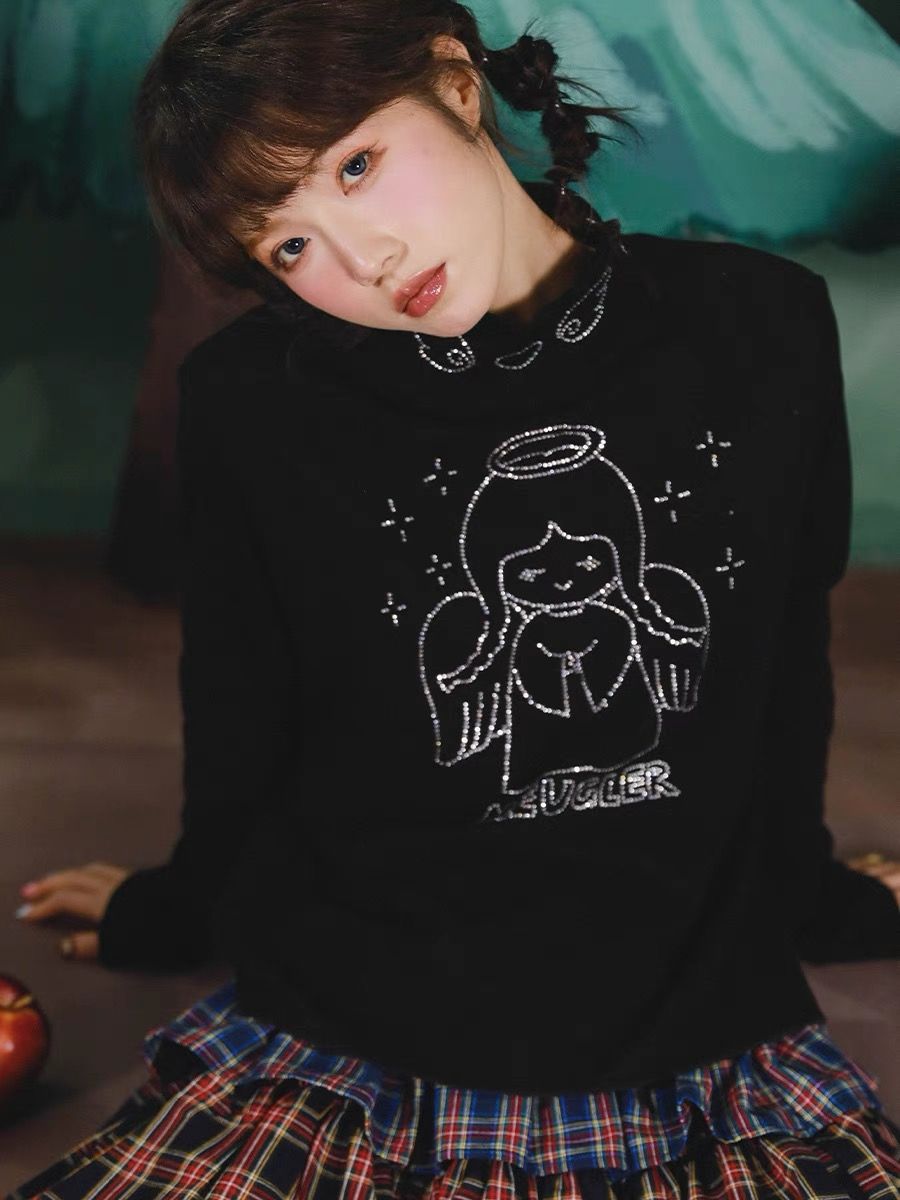 New🫧天使翅膀閃亮燙鑽打底 絨感華夫格拼接