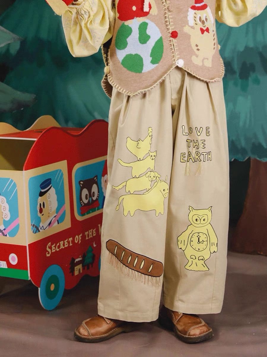 New🫧不萊梅樂隊插畫闊腿褲 卡其