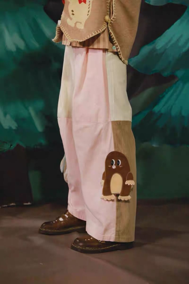 New🫧蘑菇鼴鼠立體口袋 燈芯絨拼接喇叭闊腿褲 粉