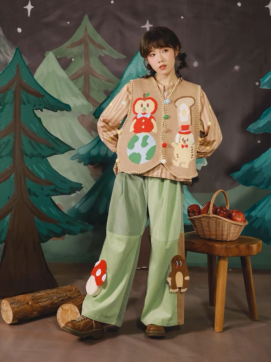 New🫧蘑菇鼴鼠立體口袋 燈芯絨拼接喇叭闊腿褲 綠