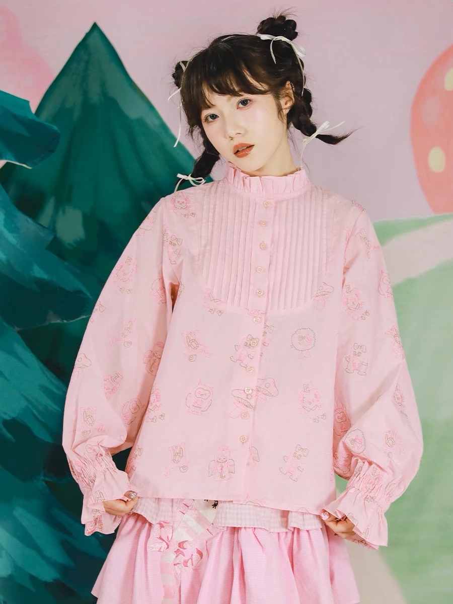 New🫧 優雅風琴褶 滿繡粉色襯衫