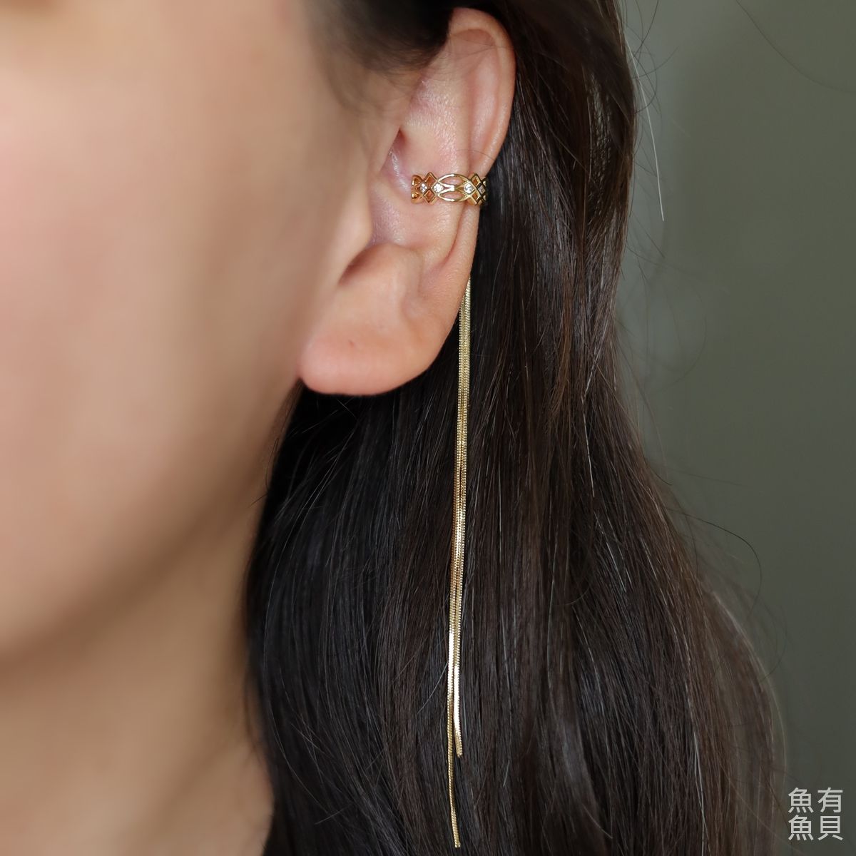 宮廷 金色菱格流蘇水鑽減壓耳環 單隻 成對 免耳洞 夾式耳環