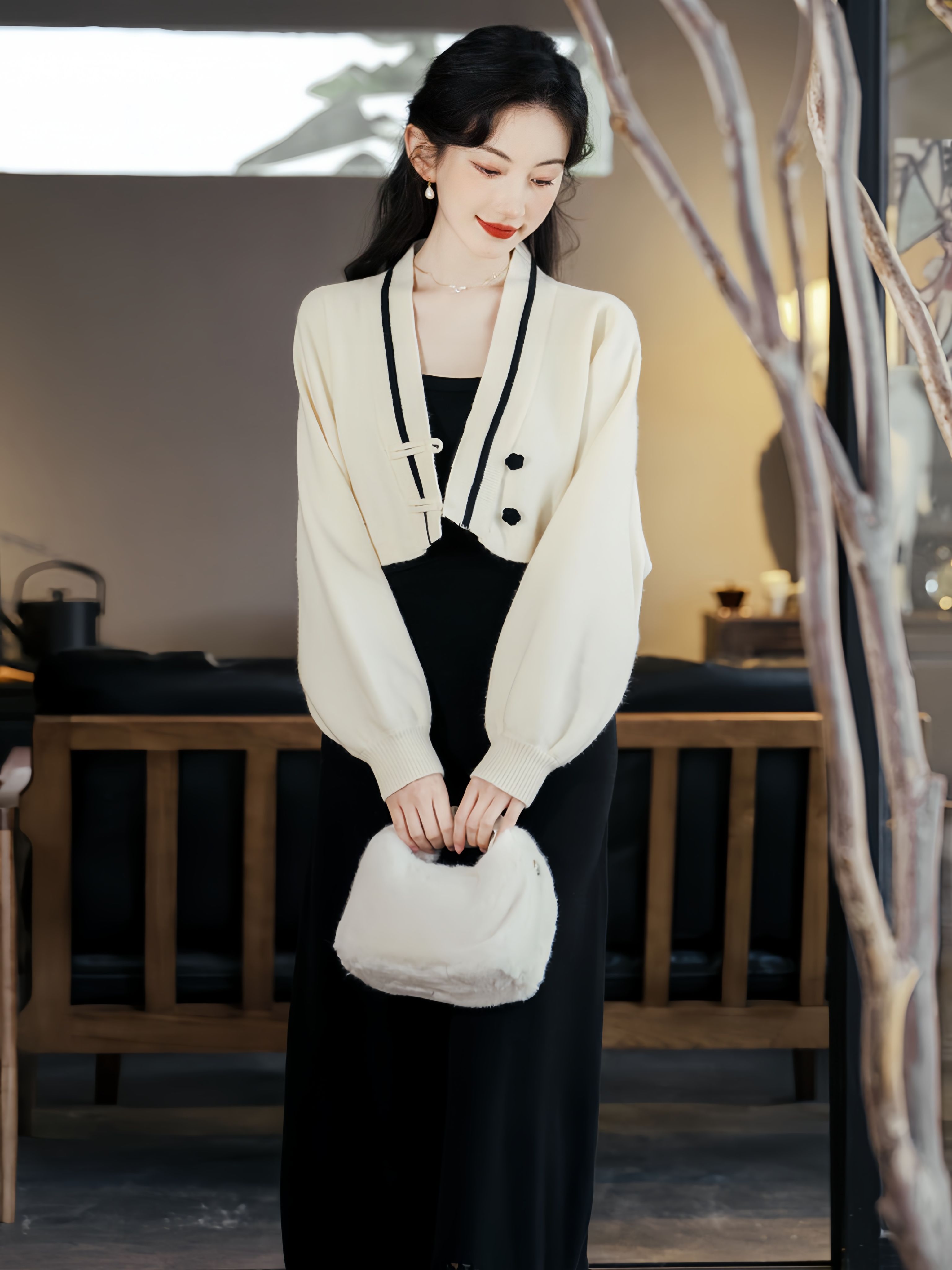 秋裝穿搭針織毛衣吊帶洋裝套裝-新中式復古國風長裙