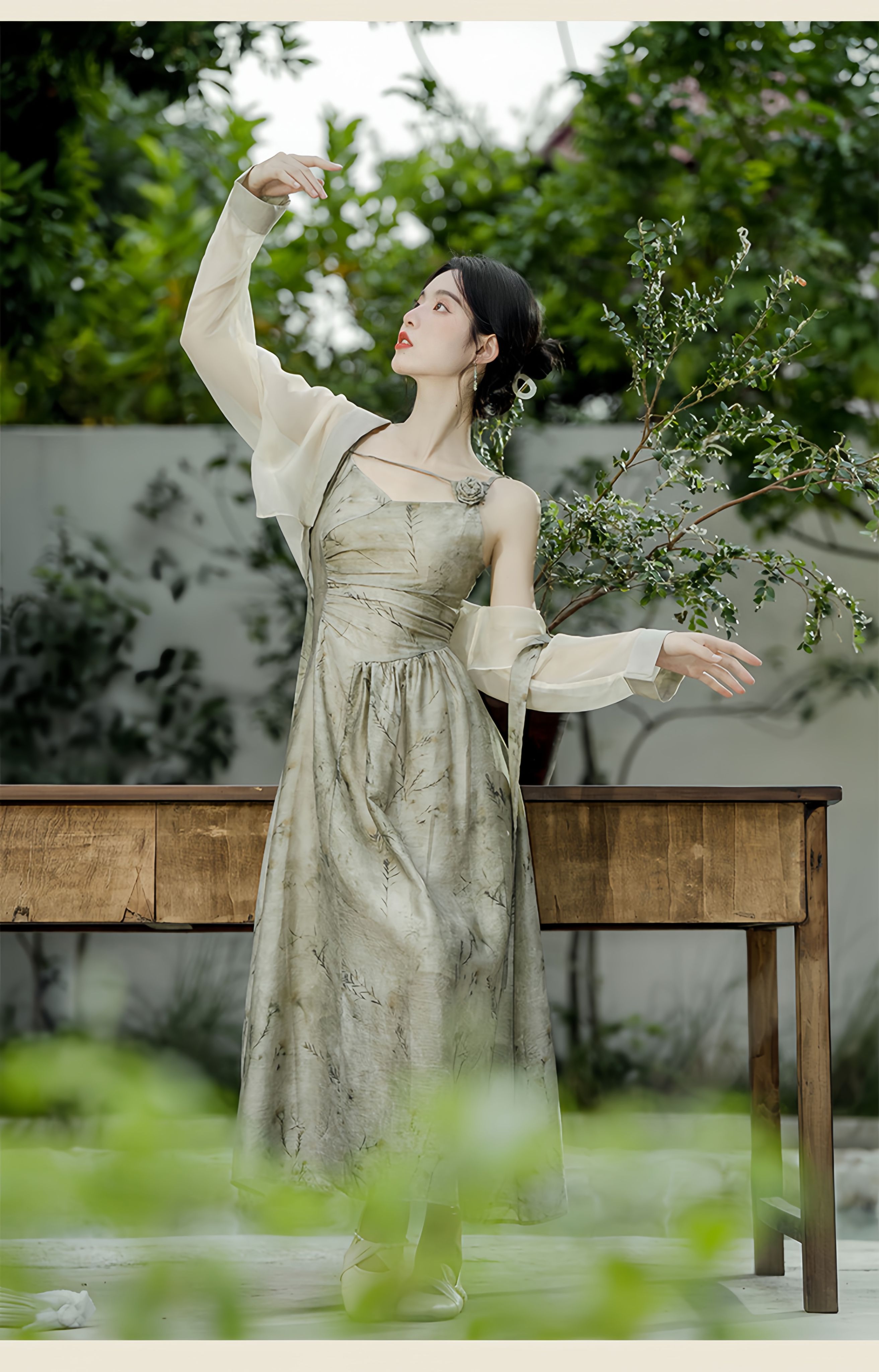 新中式國風綠色洋裝早秋開襟衫吊帶裙套裝