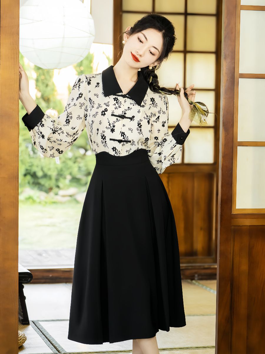 新中式提花襯衫禪意盤扣連身裙